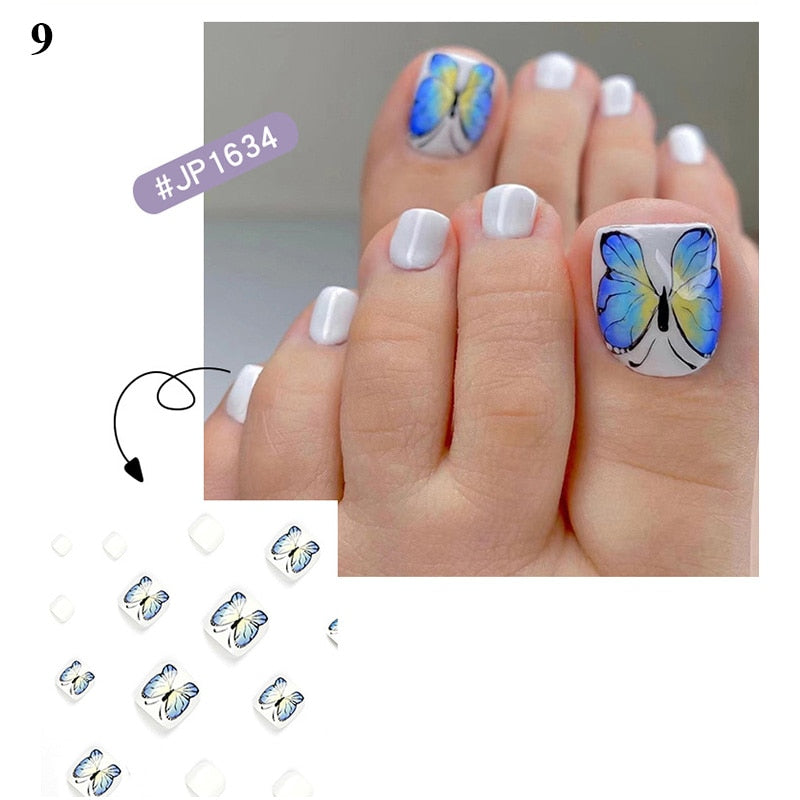 False Toenail 24Pcs/Box Toe Nail 3D Glitter Decor Press On Fake Nails With Glue Detachable Square Short Full Cover DIY Nail Tips