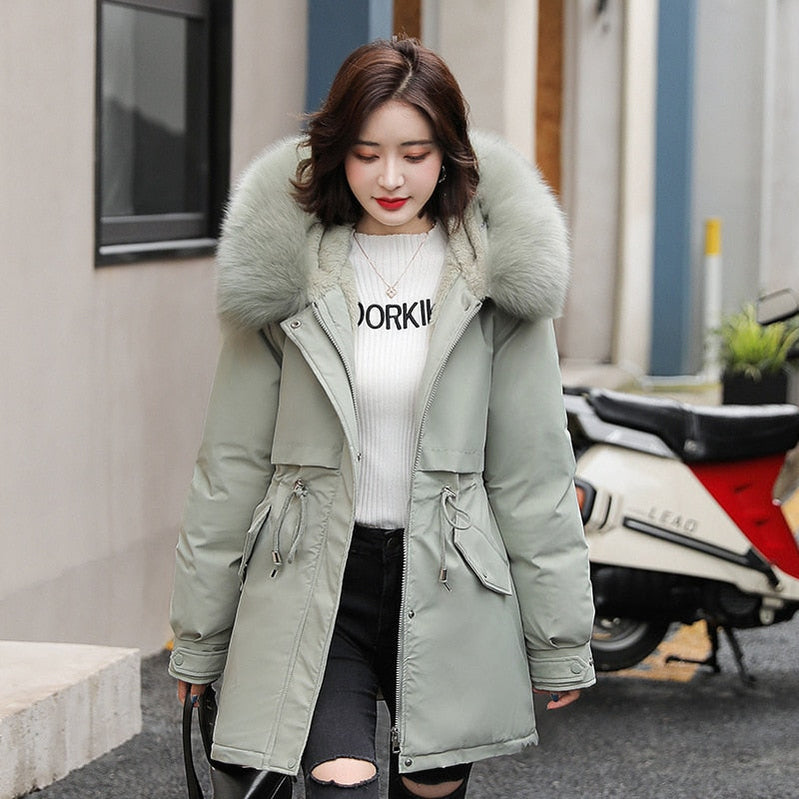 Women Parka Fashion Long Coat Wool Liner Hooded Parkas New Winter Jacket Slim with Fur Collar Warm Snow Wear Padded Clothes Green