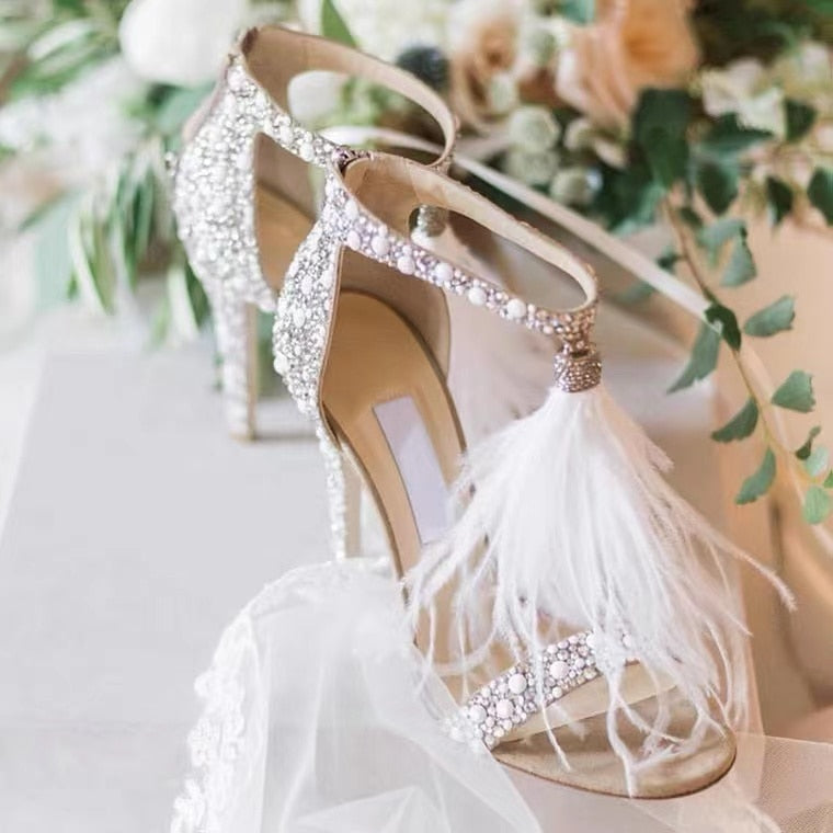 Rhinestone Feather Tassel High Heels Crystal Shoes Sandals Women&#39s Stiletto Sexy Wedding Bridal Shoes Wedding Shoes Sandal