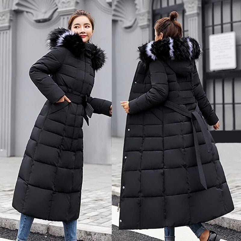Winter jacket women's warm fashion bow belt fox fur collar coat long dress women's thick coat