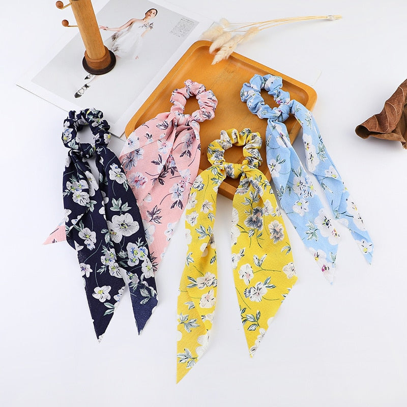 Fashion Print Chiffon Long Ribbon Scrunchies Women Girls Ponytail Scarf Elastic Hair Bands Ties Hair Accessories Wholesale
