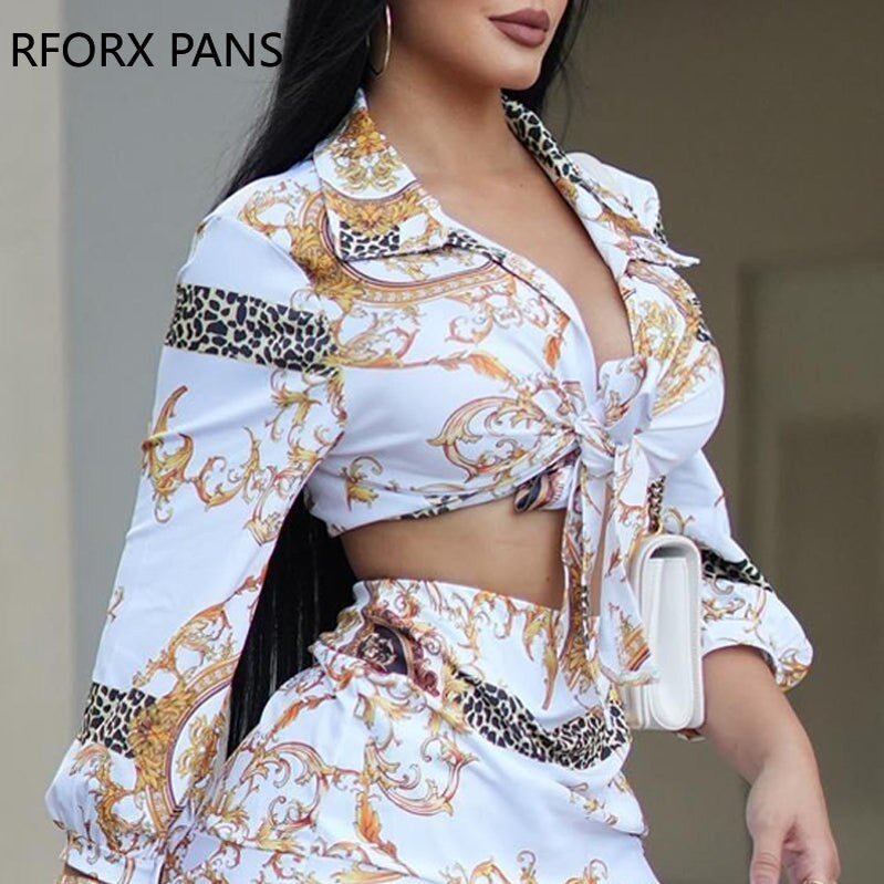 Spring Elegant Allover Print Shirt & Sexy Mini Skirt Sets Women Suits