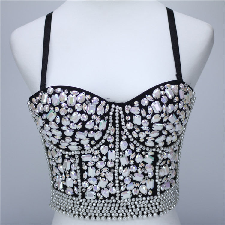 Women Tank Tops Luxury Sequined Rhinestone Pearl Wedding Push Up Bra Woman Clothes Camis Stage Ladies Crop Top Corset y2k Blusas