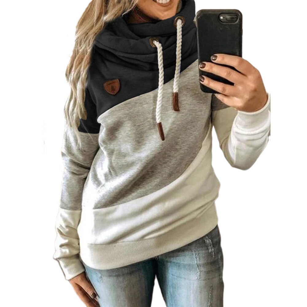 Hoodies for Women Color Block Print Hooded Pullover Casual Long Sleeve Drawstring Sweatshirt Blouse Tops SY201010-hei