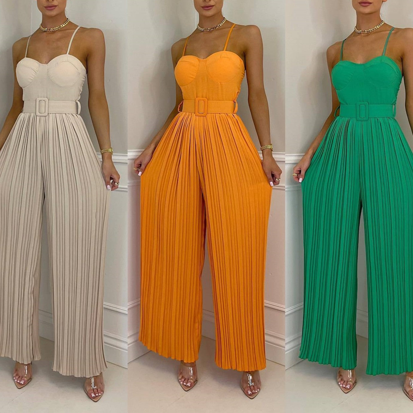 Summer Casual Suspenders Long Jumpsuit Women Sexy Fashion Solid Sleeveless Sashes Pleated Wide Leg Jumpsuit Orange Female