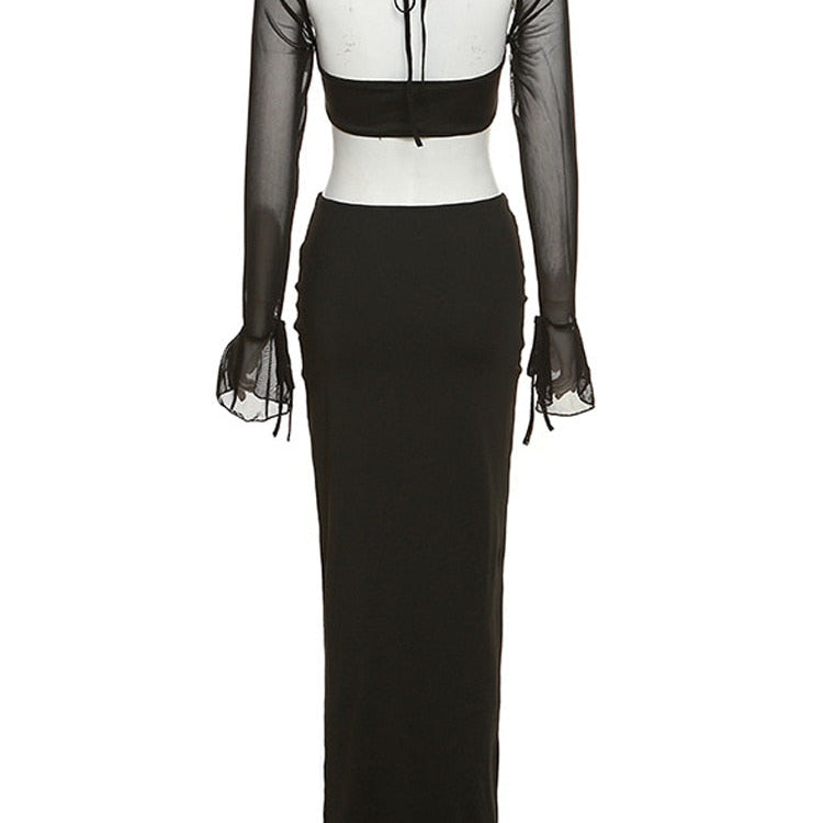 Townlike Yellow Backless Sexy Two Piece Set Lace Up Top Hollow Out Long Skirt Women Set Elegant Party 2 Piece Set Women Set