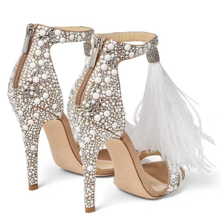 Rhinestone Feather Tassel High Heels Crystal Shoes Sandals Women&#39s Stiletto Sexy Wedding Bridal Shoes Wedding Shoes Sandal