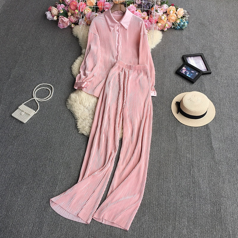 Casual Women Elegant Pleated Two Piece Set Long Sleeve Shirt And Wide Leg Pant Suits Loose Office Lady Outfits Autumn