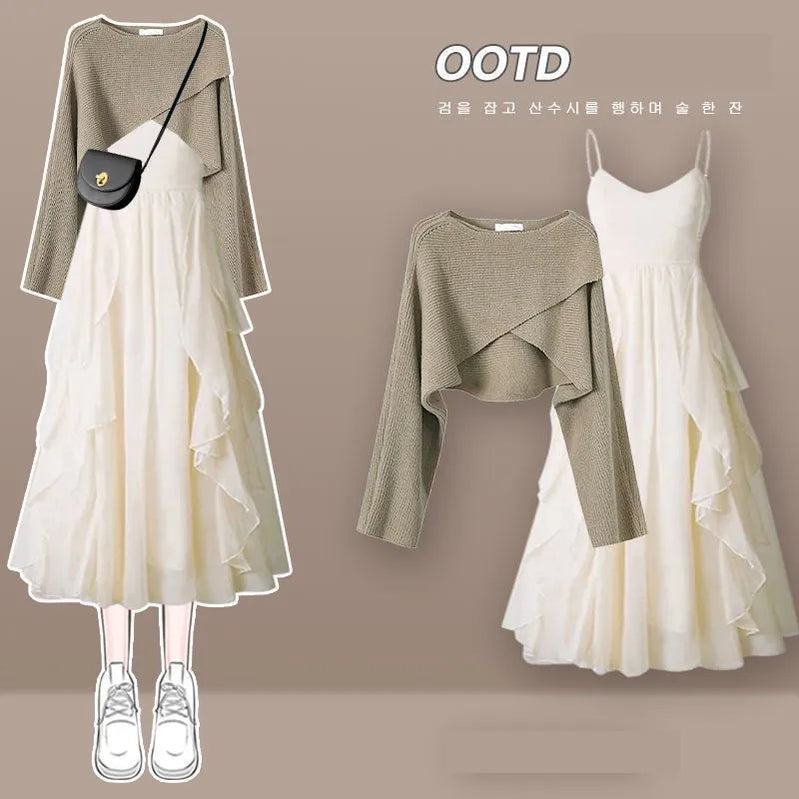 Women's Fashion Dress Matching Set Autumn Winter New Chic Knitted Sweater Sling Skirt Two Piece Korean Elegant Clothes Suit Set 04