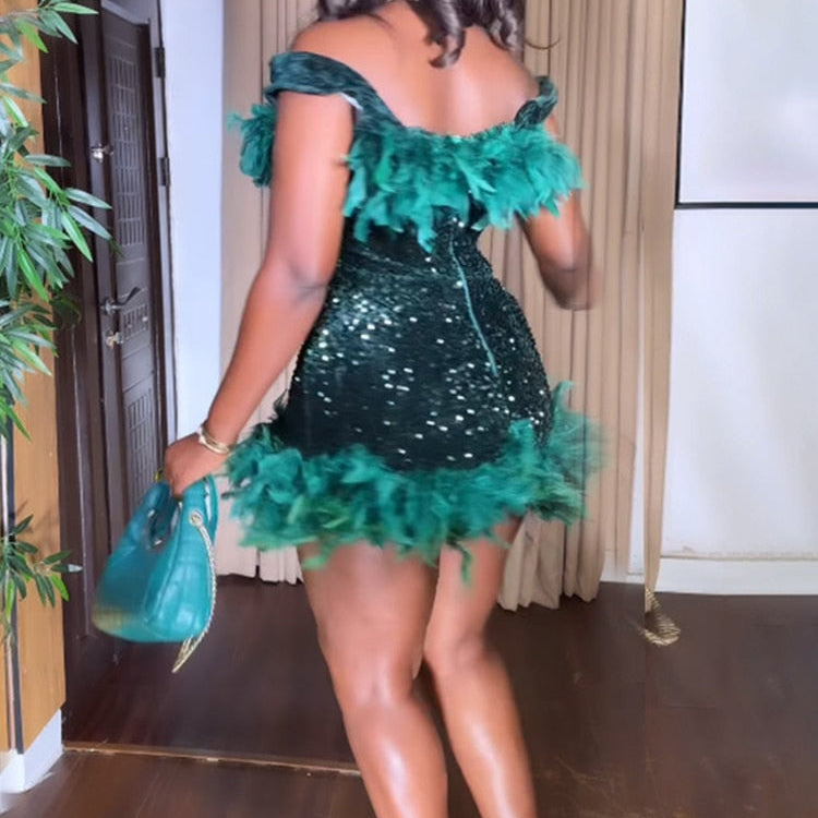 Luxury Feather Evening Mini Prom Sexy Off Shoulder Club Short Bodycon Dress Women Elegant Shiny Sequins Party Vestidos