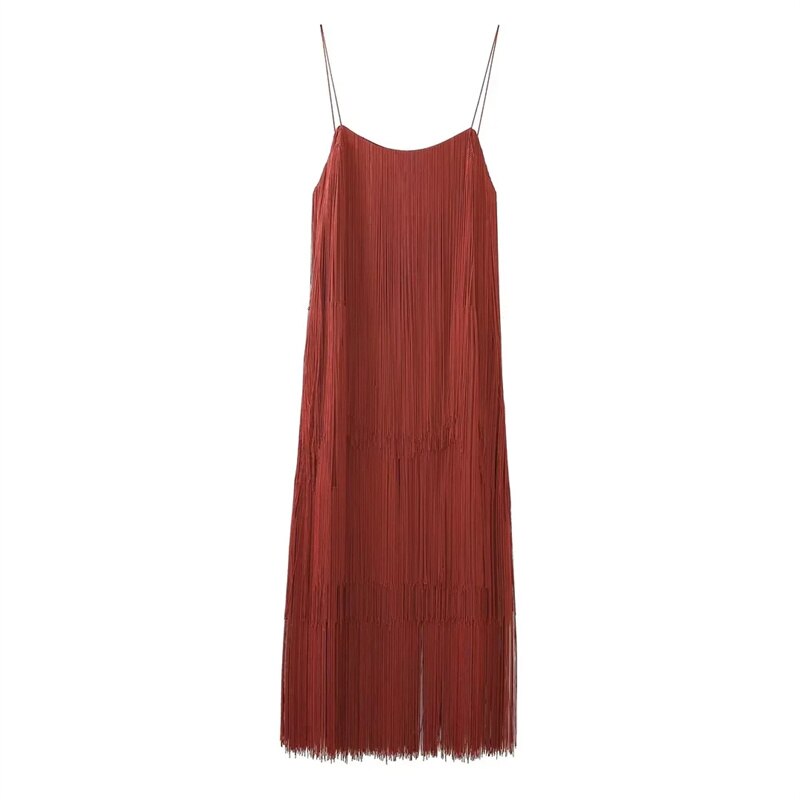 Fringed Slip Midi Dresses For Woman Sexy Backless Luxury Party Dress Woman Vintage Brown Sleeveless Dress Summer Dress
