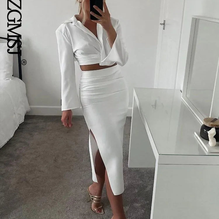 Skirts Womens Two Piece Set Linen Blend Cropped Women Shirt Draped Skirt Autumn Fashion Casual Dress Sets