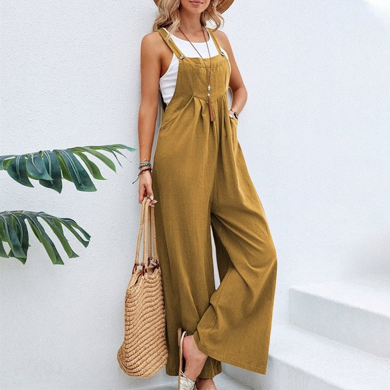 Vintage Cotton Linen Jumpsuit Women 2023 Casual Solid Button Wide Leg Suspender Pants with Pockets Summer Loose Overalls Rompers Ginger