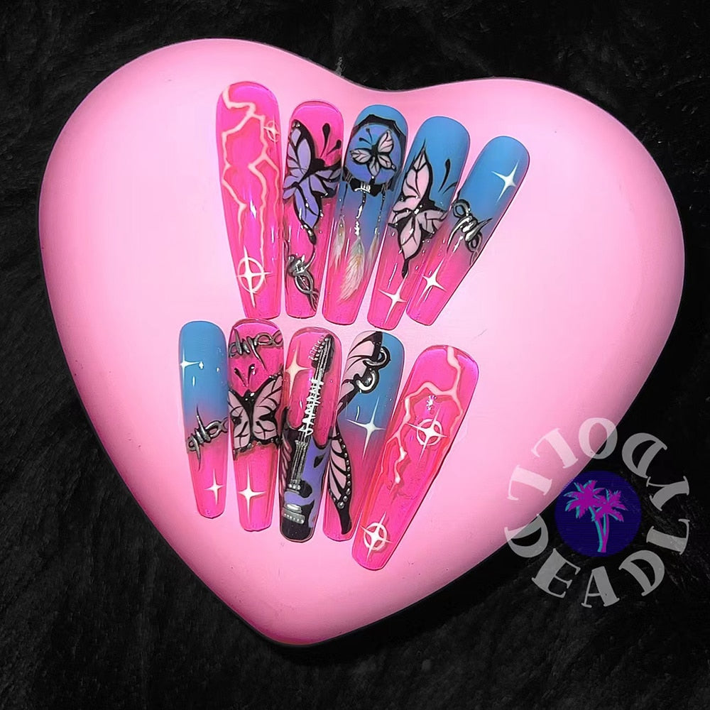 Fashion Cool Personality Cosplay Party Nails Long Coffin 3D High-End Chain Nail Tips Girls Gift Accessories