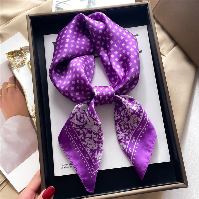 Fashion Hair Scarf for Women Decor Headband Ribbon Satin Silk Square Scarves Lady Wrist Wrap Shawls Design Bandana Foulard FJ709-6