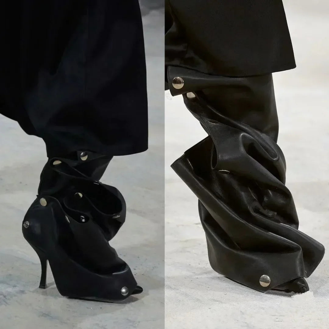 New European and American Slim High Heels, Knee High Boots, Pointed Pleated Metal Buttons, Women's Fashion Show, Winter Boots