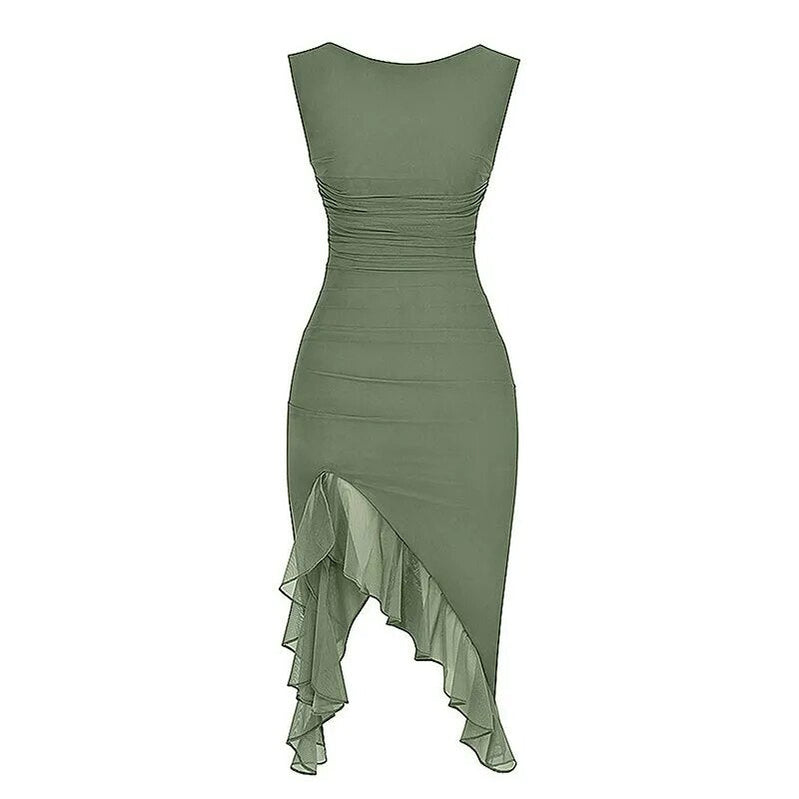 Women Sleeveless Bodycon Dress Solid Color Backless Mesh Ruffled Party Dress for Club Streetwear