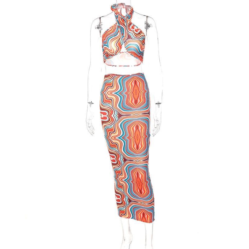 Marble Print Summer Beach Outfits For Women Halter Crop Top And Skirt Two Piece Set Sexy Vacation Outfits Bodycon Midi Skirt Orange