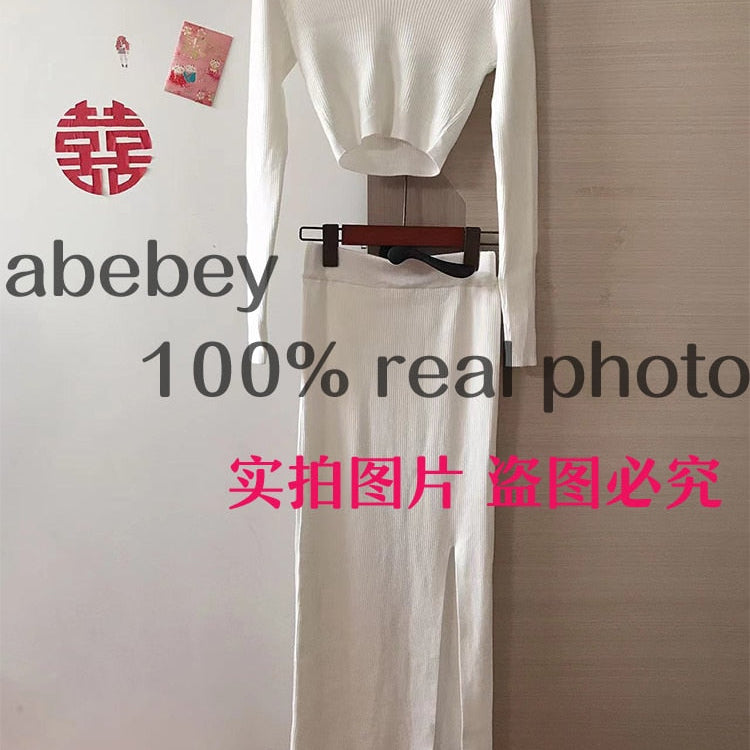 Knitted Winter Women Sexy Sweater Skirt Suit Y2K Fashion Long Sleeve Crop Tops And Long Split Skirt Dress Two Piece Sets White