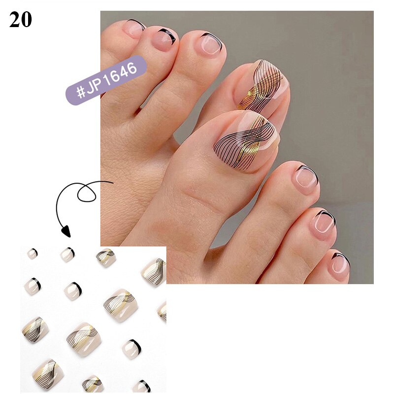 False Toenail 24Pcs/Box Toe Nail 3D Glitter Decor Press On Fake Nails With Glue Detachable Square Short Full Cover DIY Nail Tips