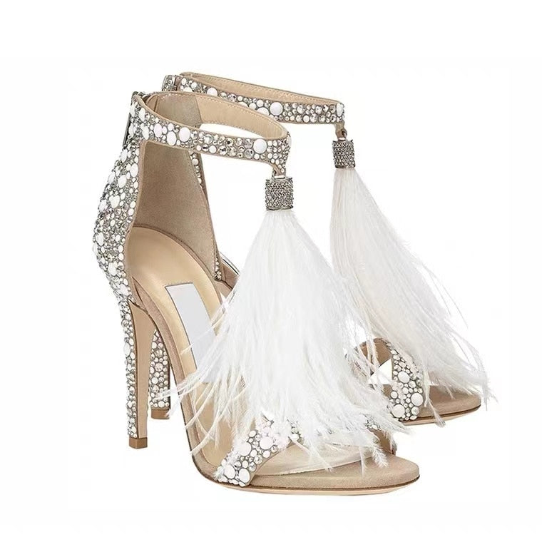 Rhinestone Feather Tassel High Heels Crystal Shoes Sandals Women&#39s Stiletto Sexy Wedding Bridal Shoes Wedding Shoes Sandal