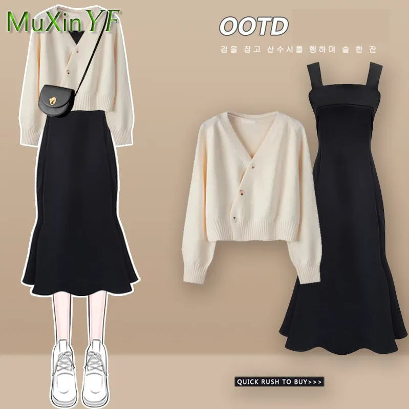 Autumn Winter Fashion Short Knitting Sweater+suspender Dress Two-piece Korean Elegant Bow Cardigan Sexy Fishtail Skirt Set