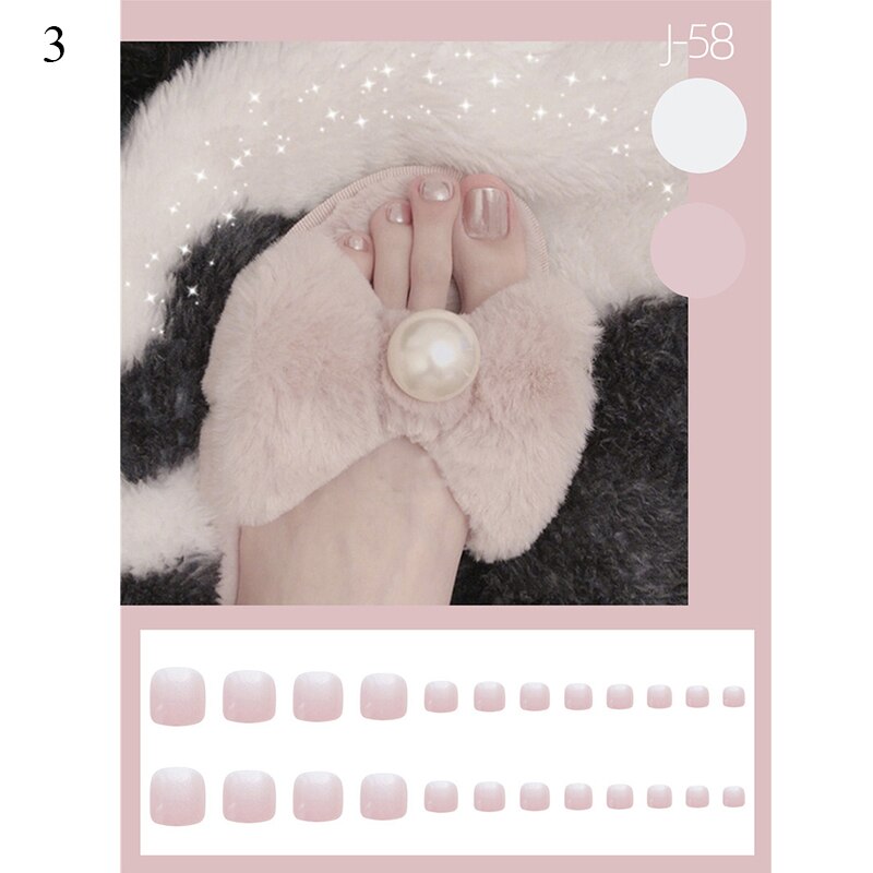 False Toenail 24Pcs/Box Toe Nail 3D Glitter Decor Press On Fake Nails With Glue Detachable Square Short Full Cover DIY Nail Tips
