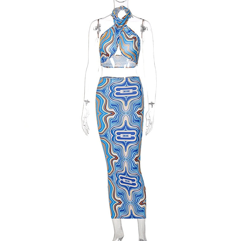 Marble Print Summer Beach Outfits For Women Halter Crop Top And Skirt Two Piece Set Sexy Vacation Outfits Bodycon Midi Skirt