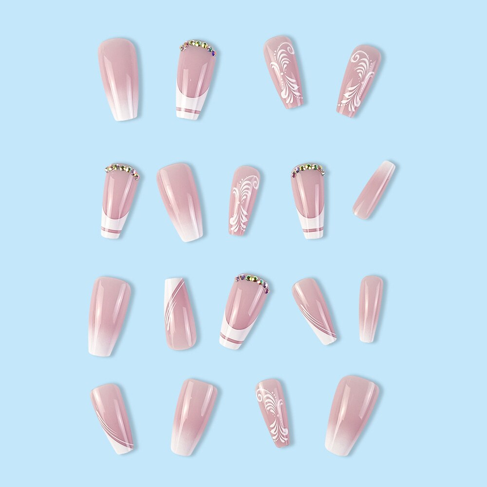 Trendy Rhinestones False Nail Tips With Print Designs Ballerina Manicure French White Fringe Coffin Fake Nails Set Press on Nail