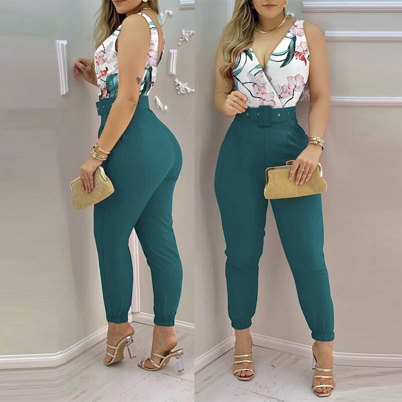 Woman Jumpsuits Elegant Jumpsuits Sexy V-neck Sleeveless Printed Jumpsuit New Fashion with Belt Vest Playsuit Streetwear D