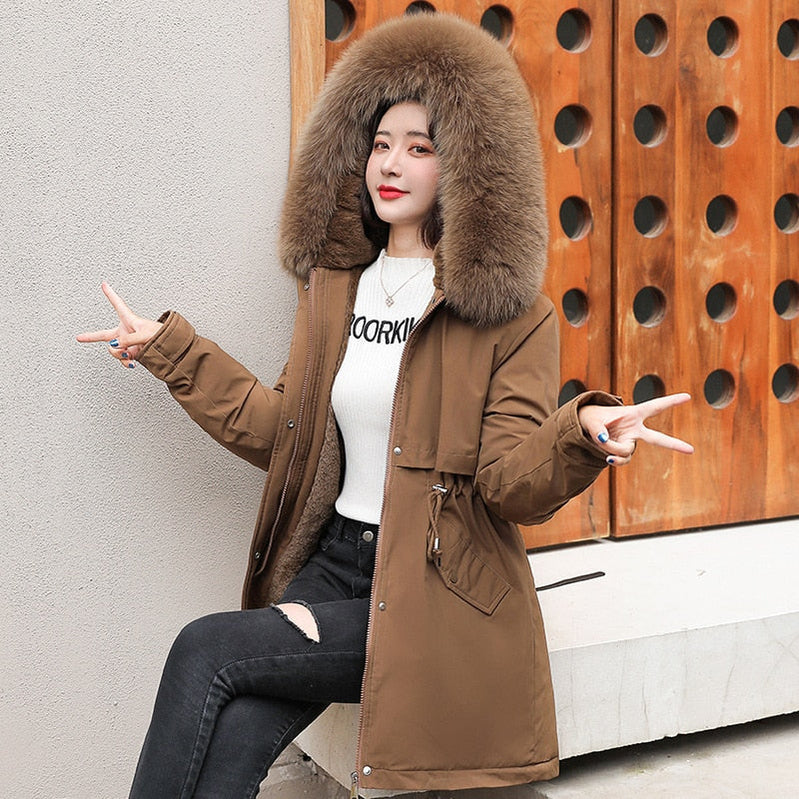 Women Parka Fashion Long Coat Wool Liner Hooded Parkas New Winter Jacket Slim with Fur Collar Warm Snow Wear Padded Clothes Coffee