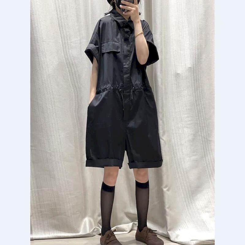 Vintage Jumpsuit Wide Leg Shorts Bodysuit High Waist Loose Workwear Pants Overall Large Size Playsuit Women Clothing One-pieces Black