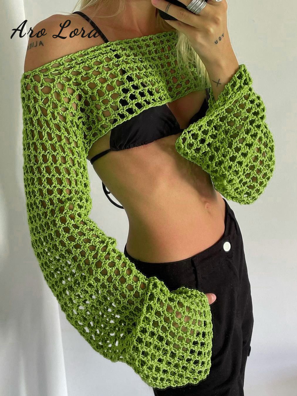 Summer Long Sleeve Smock Knitted Crop Top Women Y2k Beach Sexy Backless Hollow Out T Shirts Green Party Casual Pullovers