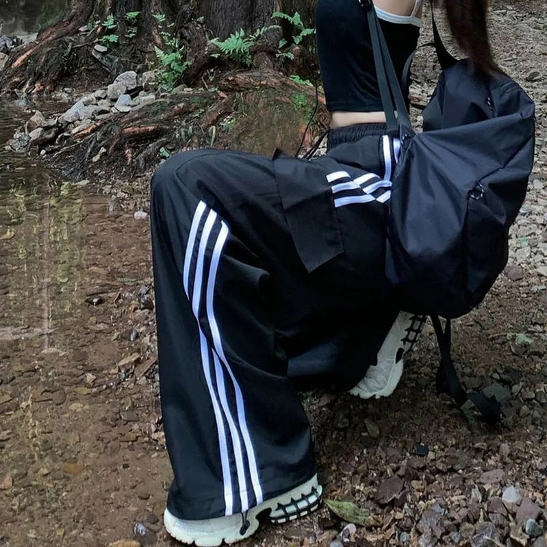 Women Casual Joggers Tech Pants Vintage Solid Low Waist Drawstring Baggy Trousers Y2K Wide Leg Sweatpants Streetwear Cargo Pants EA07632-Black