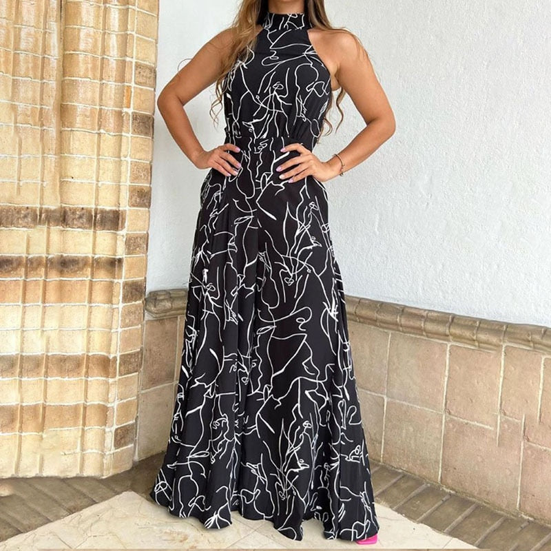Elegant Women Sleeveless Jumpsuits Sexy Halterneck Long Rompers Wide Leg Pants Fashion Printed Bodysuit Jumpsuit Lady Outfit