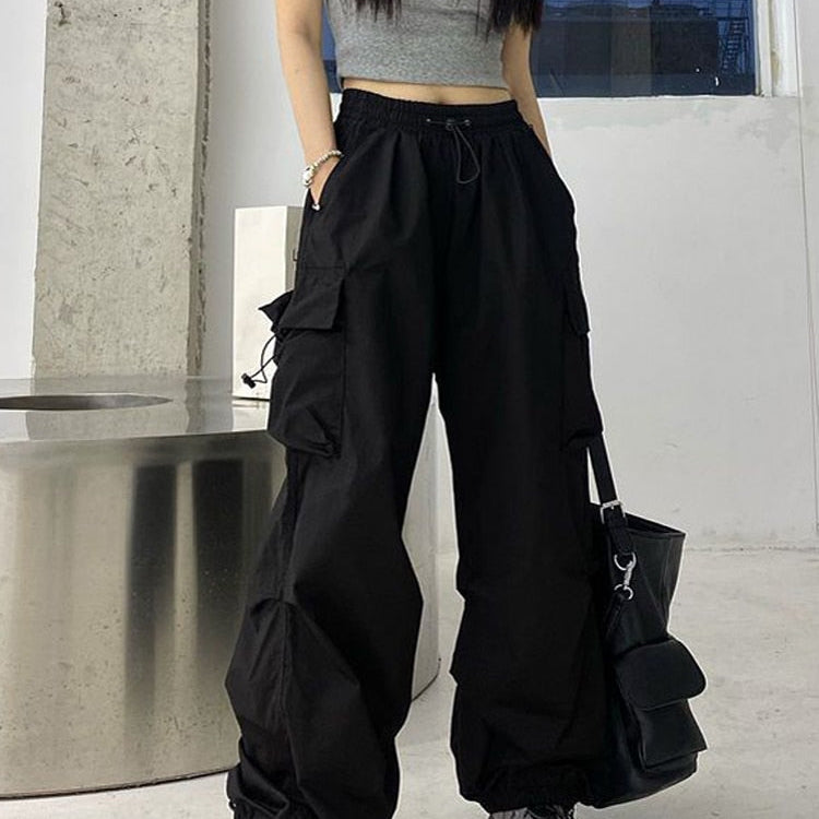 Zoki Streetwear Hip Hop Cargo Pants Women Fashion Pockets Oversize Loose Trousers Summer Bf Korean High Waist Wide Leg Pants New Black