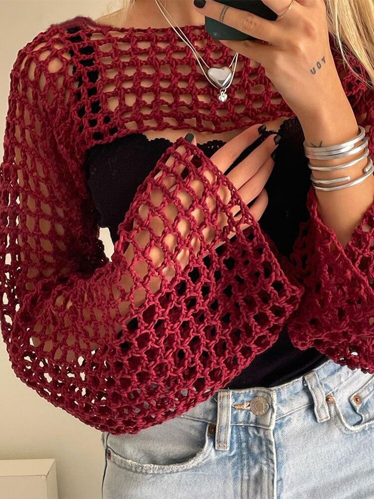 2023 Summer Long Sleeve Smock Knitted Crop Top Women Y2k Beach Sexy Backless Hollow Out T Shirts Green Party Casual Pullovers