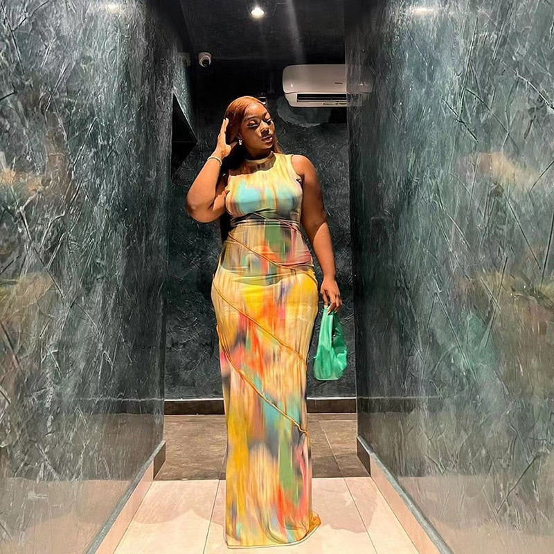 Women Halter Aesthetic Colorful Tie Dry Maxi Dress Hipster Striped Patchwork sleeveless Straight Robe Female Streetwear