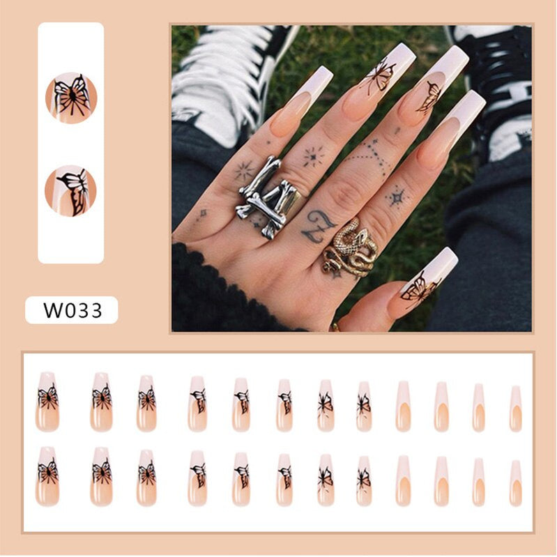 24Pcs/Box White French Fake Nails Press on Long XL Length Rhinestone Design False Nails Full Cover Acrylic Nail Tips JZJ-W033