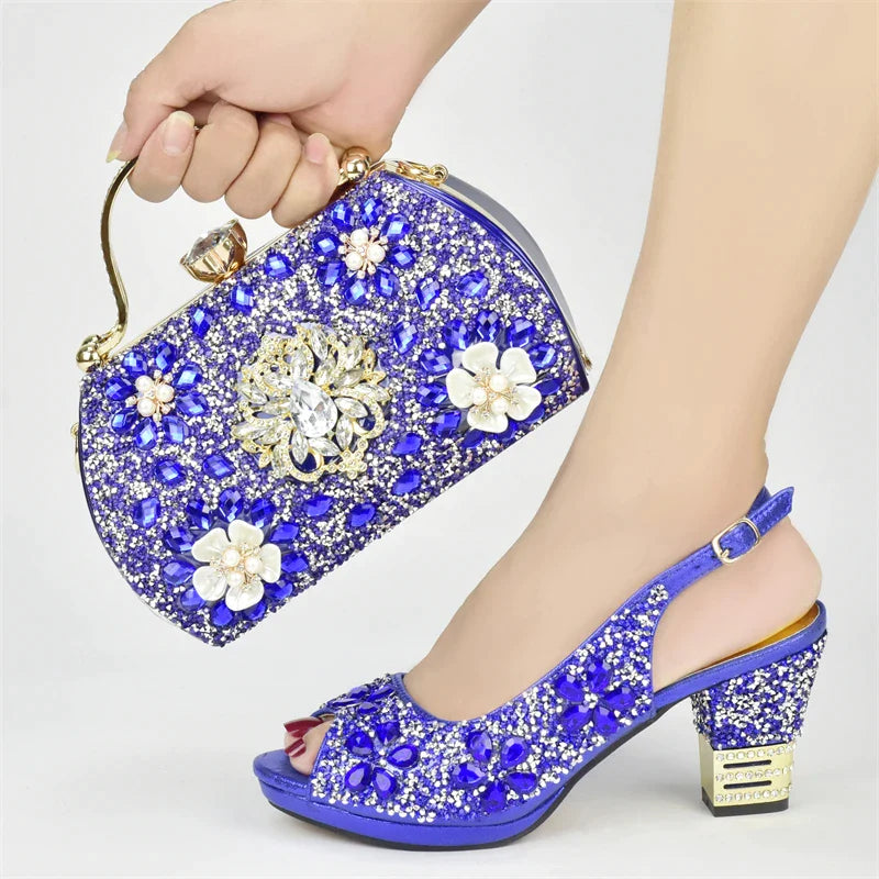 Nigerian Party Shoes with Bag Set Decorated with Rhinestone Shoes for Women Designer Luxury Wedding Shoes Bride Blue