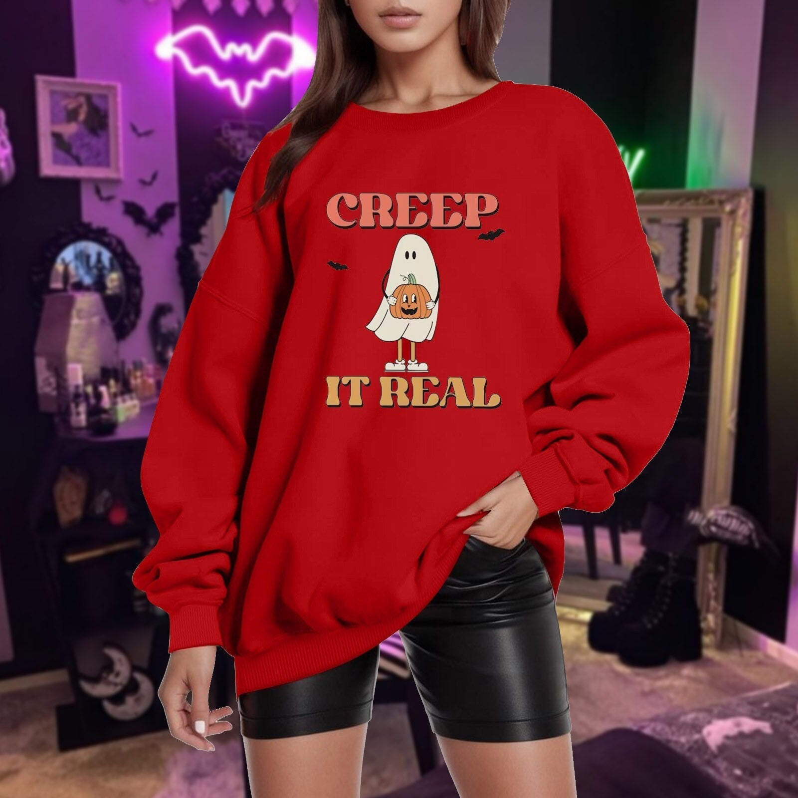 Womens Casual Loose Solid Halloween Pumpkin Print Off Shoulder Sleeves Hatless Sweater Fall Outfit Red