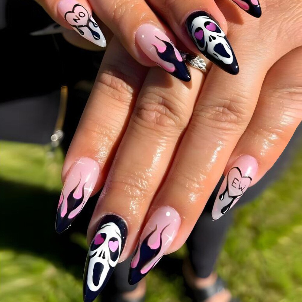 New Halloween Fake Nails Patch Black Almond/Coffin Head Artificial Nail Tips Pumpkin Spider Ghost Printed Press on Nail for Girl Spain Z4