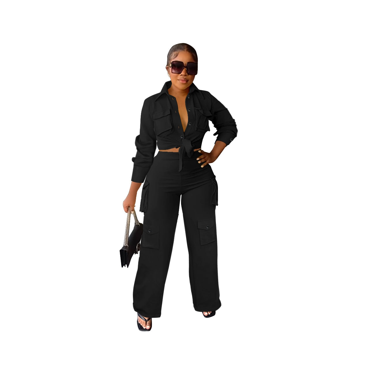 Autumn Winter Casual Solid Color Long Sleeve Shirt Pants Tooling Multiple Pockets Wide Leg High wWaisted Knit Women Set