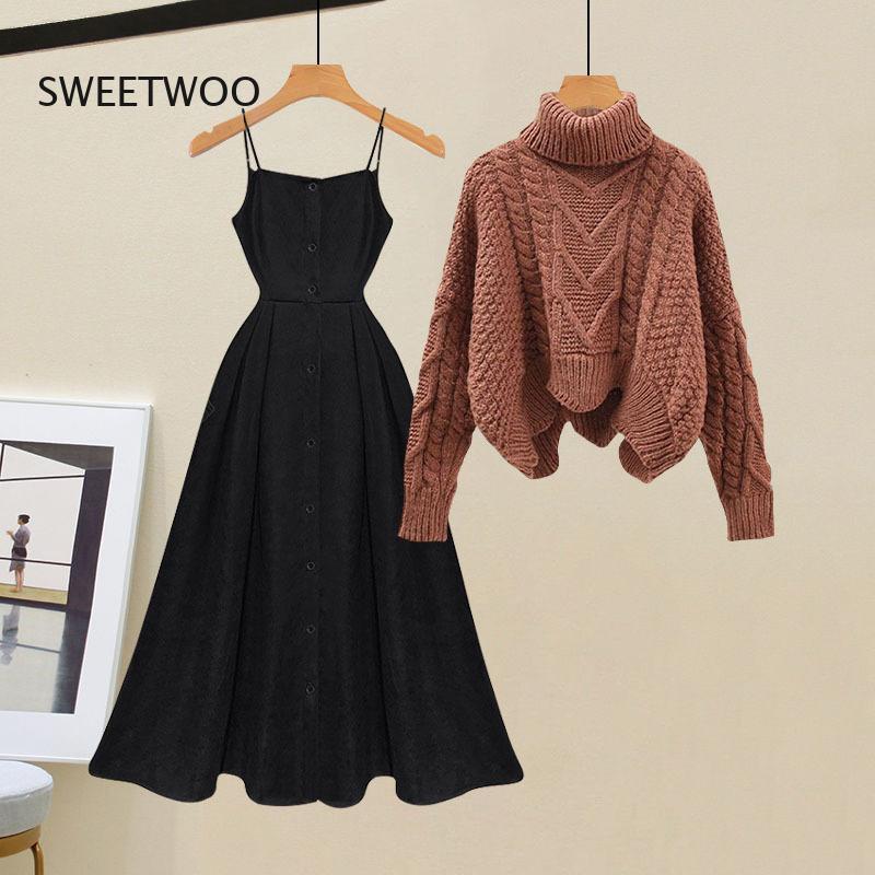 Women's Spring Autumn Single/outfits New Age Reducing Slim Covering Sweater with Waist Wrapped Dress Two Piece Set