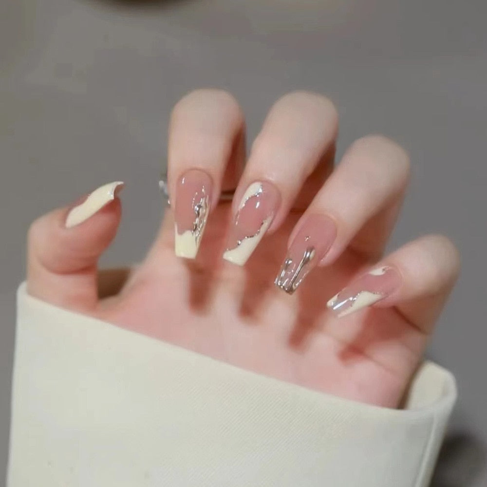 Gradient Fake Nails Press on Nail Diamond Cross Art Long Tips False Forms with Glue Stick Stickers Reusable Set DY299