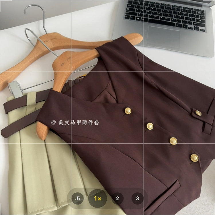 Women Two Piece Set Suit Off Shoulder Crop Top T-Shirt and A-Line Pleated Mini Skirt Shorts Y2k Vintage Fashion Harajuku Summer Coffee Vest