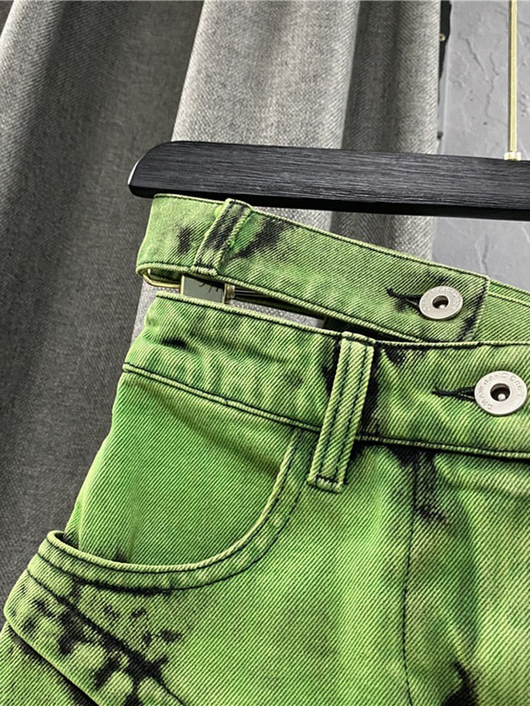 Fashion Women's Personalized Double Waist Design Green A-line Denim Skirt Asymmetric Hot Girl Short Skirts 2023