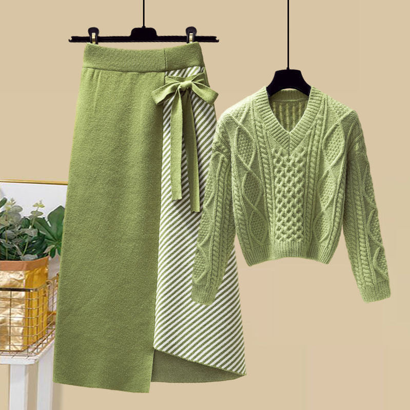 Spring V-neck Knitted Sweater Pullover Personality Asymmetrical Twill Skirt Two-piece Elegant Women's Skirt Set Party Dresses 2pcs set 01