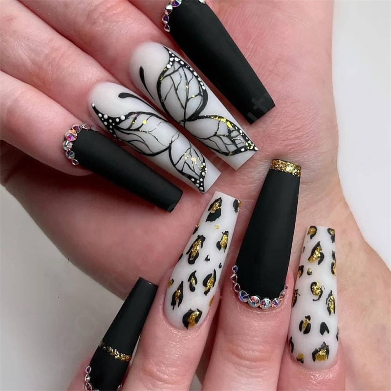 24Pcs/Box White French Fake Nails Press on Long XL Length Rhinestone Design False Nails Full Cover Acrylic Nail Tips