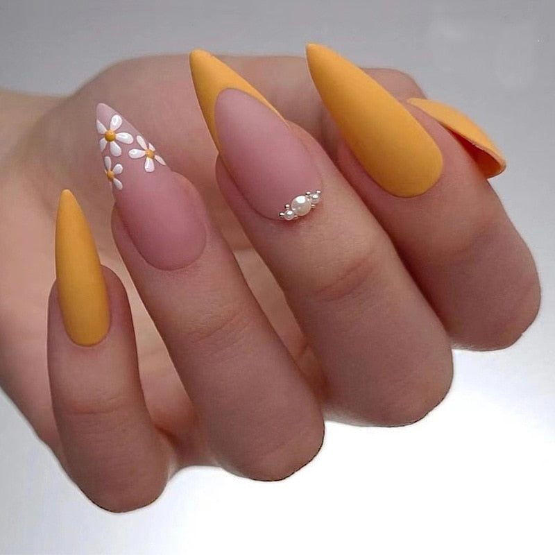 Long Stiletto False Nails Black Edge French Gold Thread Black Rhinestones Design Wearable Fake Nails Press On Nails Manicure Tip a2